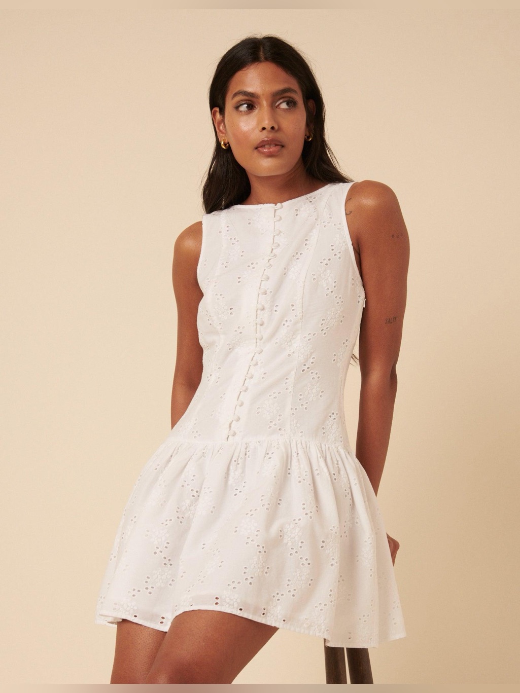 Extro&Vert Brodierie Aurora Eyelet Embroidered Drop-Waist Sleeveless Mini Dress